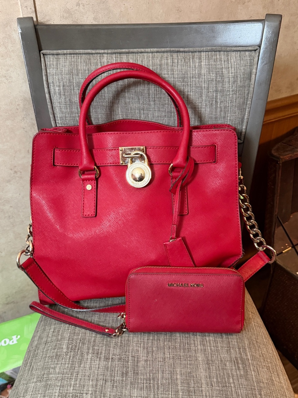 Michael Kors Red Leather Satchel with Matching Zip Wallet